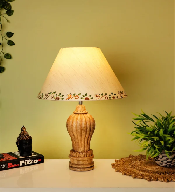 Beige Handpainted Shade With Natural Color Gada Design Wooden Handmade Table Lamp