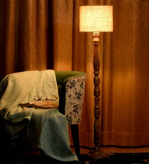 Dark Brown Floor Lamp With Brown Jute Shade by Green Girgit