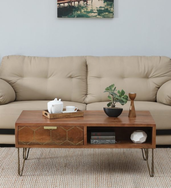 Basse Mango Wood Coffee Table In Rustic Teak Finish With Drawers