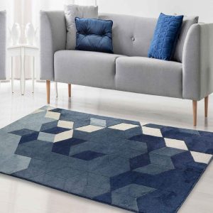 Blue Abstract Cotton 4 ft x 6 ft Machine Made Carpet