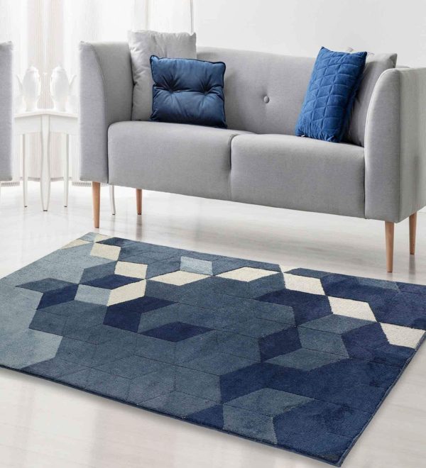 Blue Abstract Cotton 4 ft x 6 ft Machine Made Carpet