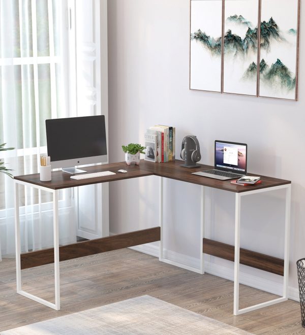 Corbyn L Shape Study Table In Brown Maple & White Finish