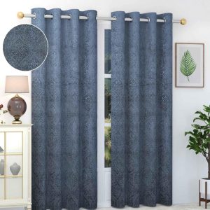Grey Floral Velvet 8 Ft 80-90% Blackout Eyelet Door Curtains (Set of 2)