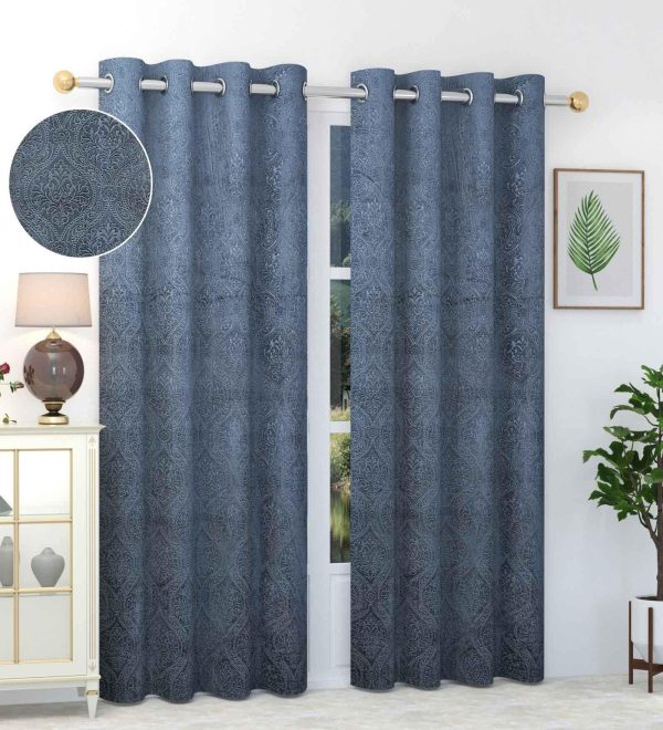 Grey Floral Velvet 8 Ft 80-90% Blackout Eyelet Door Curtains (Set of 2)