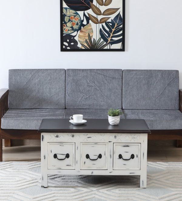 Hadley Solid Wood Coffee Table In White Distressed Finish With Drawers