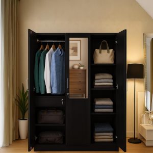 Kibo 3 Door Wardrobe In Wenge Finish With Drawer& Adjustable Shelves & Mirror