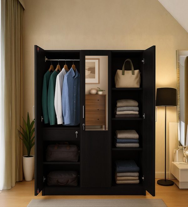 Kibo 3 Door Wardrobe In Wenge Finish With Drawer& Adjustable Shelves & Mirror