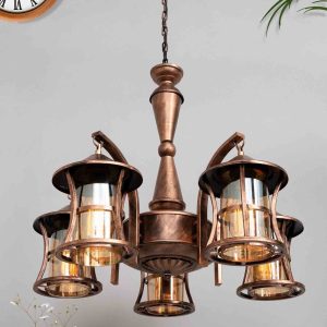 Lantern Oil Rubbed Antique Copper Vintage Edison 5 Light Glass & Metal Chandelier