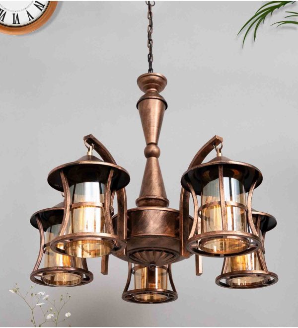 Lantern Oil Rubbed Antique Copper Vintage Edison 5 Light Glass & Metal Chandelier
