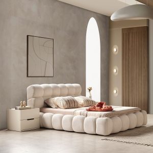 Toscana Boucle King Size Bed In Cream Colour with Hydraulic Storage