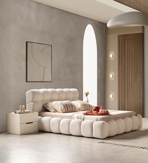 Toscana Boucle King Size Bed In Cream Colour with Hydraulic Storage