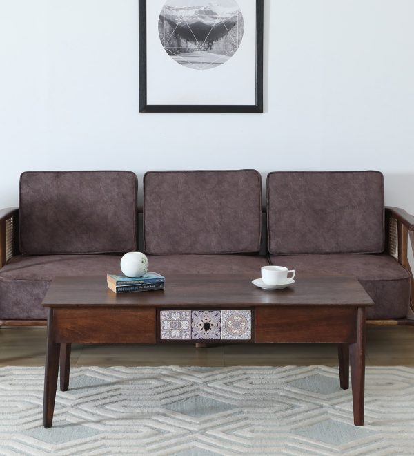 Zellige Solid Wood Coffee Table In Tubbaq Finish With Drawer